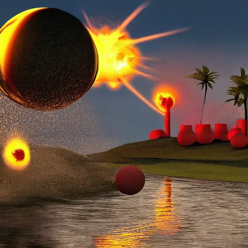 Image similar to Nuclear explosion popping a golf ball, Raft gameplay