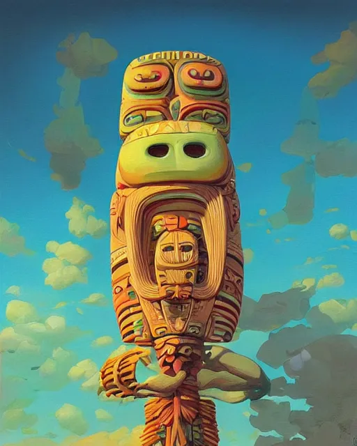 Image similar to a painting of a tribal tiki hut totem pole, a surrealist painting by Naoto Hattori, Roger Dean, Pablo olivera and Stanisław Lem and Paul Lehr, by Beeple, by Makoto Shinkai and Lois van baarle, trending on deviantart, pop surrealism, lowbrow, grotesque, whimsical