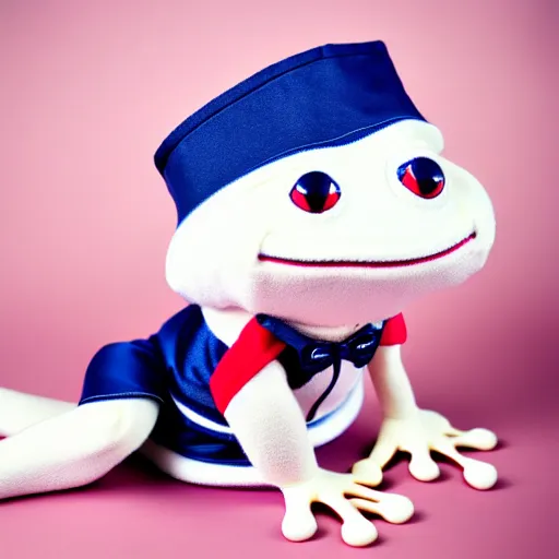 Image similar to cute frog wearing a sailor suit, studio photography,