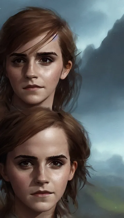 Prompt: close up of Emma Watson as a D&D Ranger, buckles and leather, trending on artstation, illustration, cgsociety, 8k, beautiful face, cinematic art by Greg Rutkowski and Thomas Kinkade and William O'Connor