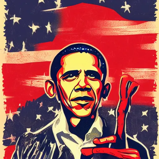 Image similar to Obama, graphic illustration by Jamie Hewlett, bold colors