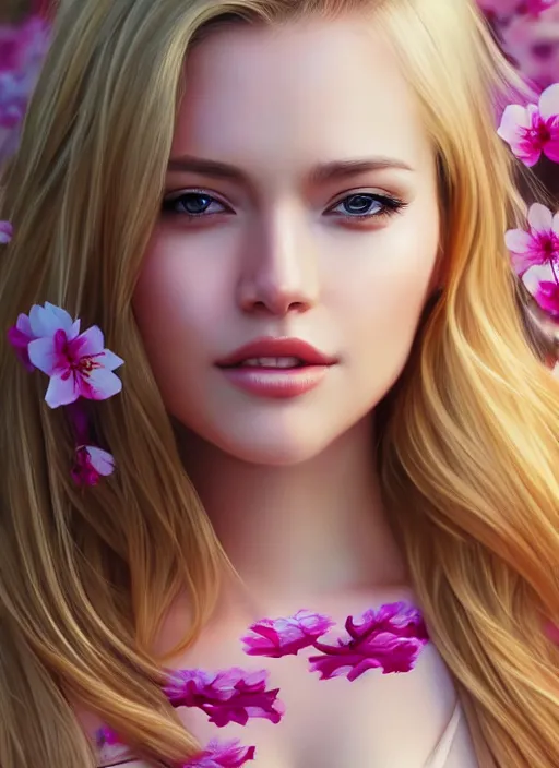 Image similar to photo of a gorgeous blonde female in the style of stefan kostic, realistic, half body shot, sharp focus, 8 k high definition, insanely detailed, intricate, elegant, art by stanley lau and artgerm, extreme blur cherry blossoms background