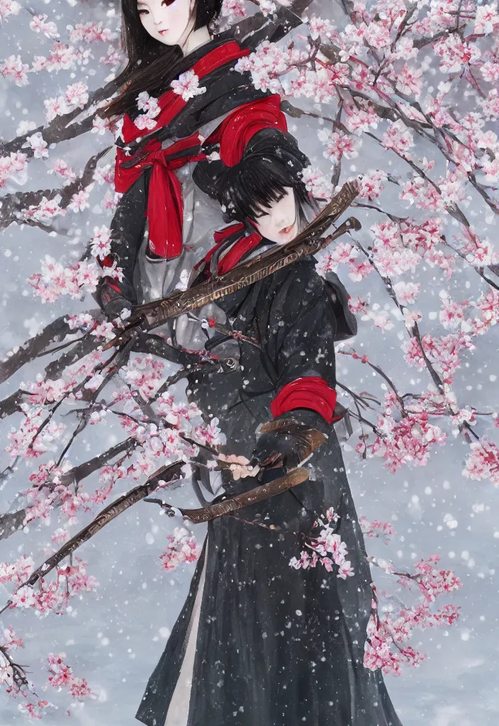 Image similar to detailed portrait of girl samurai in hakama with swords and rifles, in snow forest sakura cherry blossom, taisho roman, by wlop and krenz kushart, elite, elegant, luxury, perfect face, fine details, realistic shaded, fine - face, pretty face