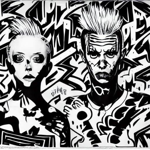 Image similar to zef design black and white color scheme, graffiti, cute characters, die antwoord