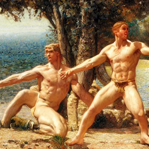 Image similar to hercules and achilles frolic in an estuary, a marble temple stands in the background, painting by gaston bussiere, craig mullins, j. c. leyendecker, tom of finland