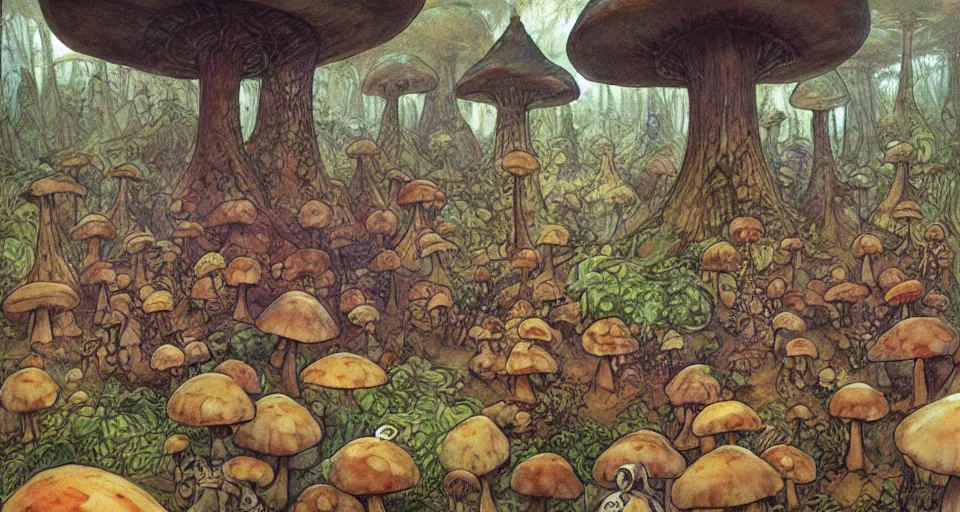 Image similar to A tribal village in a forest of giant mushrooms, by Brian Froud