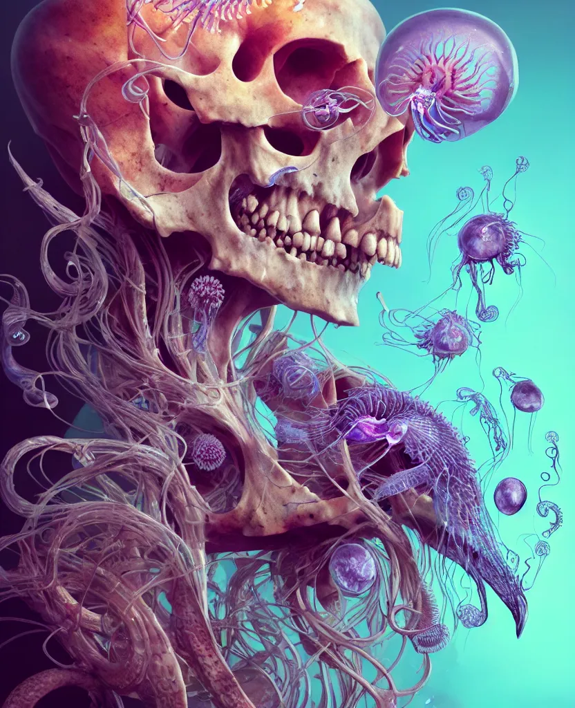 Image similar to goddess close-up portrait ram skull, thorax, x-ray, backbone, jellyfish phoenix head, nautilus, orchid, skull, betta fish, bioluminiscent creatures, intricate artwork by Tooth Wu and wlop and beeple. octane render, trending on artstation, greg rutkowski very coherent symmetrical artwork. cinematic, hyper realism, high detail, octane render, 8k