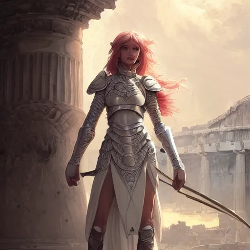 Image similar to portrait young knights of Zodiac girl, matt white color armor, in ruined Agora of Athens Sunrise, ssci-fi and fantasy, intricate and very beautiful and elegant, highly detailed, digital painting, artstation, concept art, smooth and sharp focus, illustration, art by tian zi and WLOP and alphonse mucha