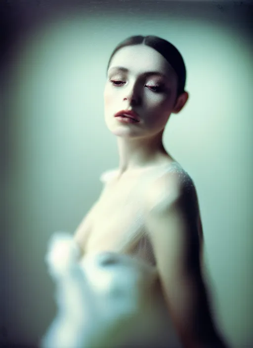 Prompt: kodak portra 4 0 0 double exposure slow motion photo portrait of a beautiful woman in style of antoine d'agata, dressed a long white, elegant, highly detailed, sharp focus,, octane render, ethereal, out worldly colours, emotionally evoking, head in focus, soft blur light dreamy, volumetric lighting unreal engine, epic fantasy