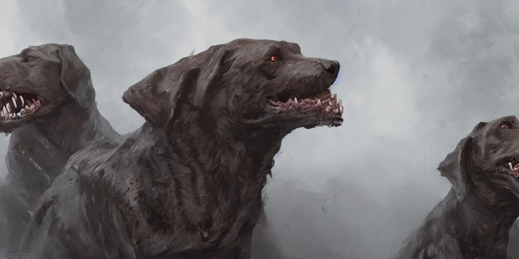 Prompt: cerberus the three headed hound at the gates of hell, greg rutkowski, 8 k, shallow depth of field, moody lighting, ultra high detail, concept art,