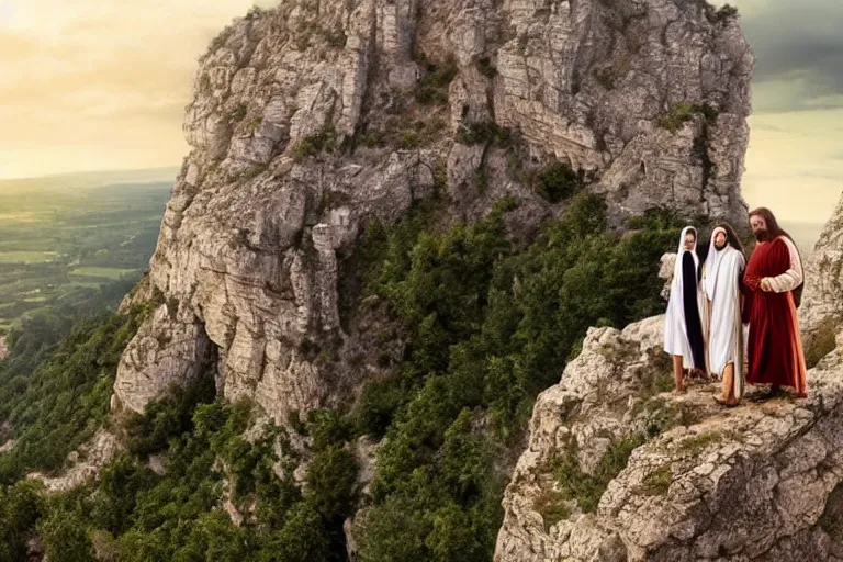 Prompt: selfie close - up photo from a mobile phone of jesus and mary magdalene standing on a cliff looking over a beautiful landscape in france, rennes - le - chateau, award winning photo, very detailed, very realistic cinematic