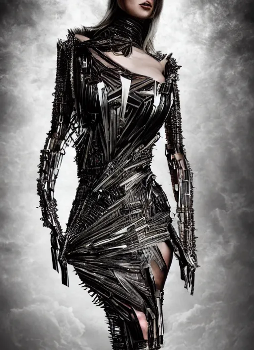 Image similar to expressive full body photo of bridget bardot, dress made of steel blades, glamour shot, by karol bak, stefan gesell, photorealistic, nikon d 4 x, fashion photography, hyper maximalist, elegant, ornate, luxury, elite, environmental portrait, symmetrical features, octane render, unreal engine, solid dark grey background, dramatic lights