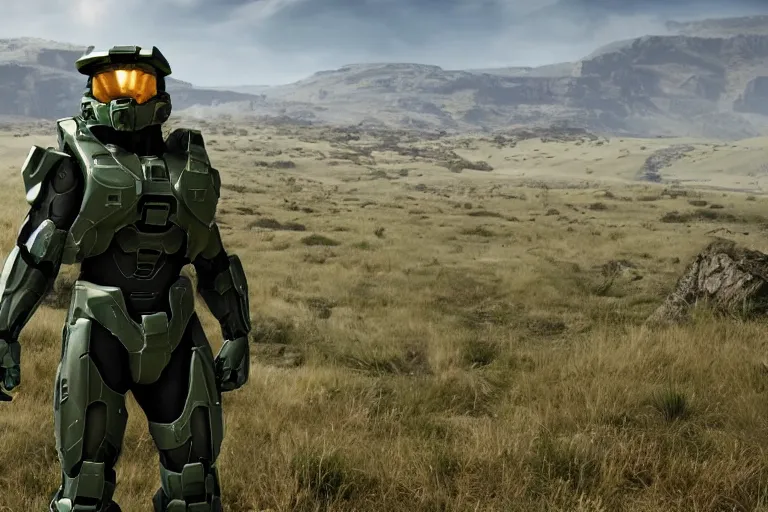 Image similar to halo master chief on a hill, cinematic, 8 k, back view, photorealistic