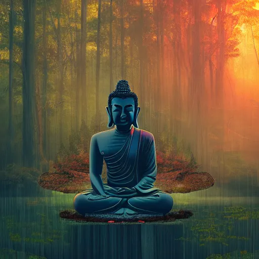 Image similar to a buddha statue sitting in the middle of a forest, cyberpunk art by Alena Aenami, trending on cgsociety, metaphysical painting, tesseract, mystical ::