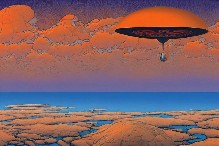 Prompt: a giant ((((metallic)))) floating sphere covered in canadian colorful aboriginal patterns!! hovering above a Yukon lake, (painted by Ralph McQuarrie), matte painting, very detailed, cold colors, concept art