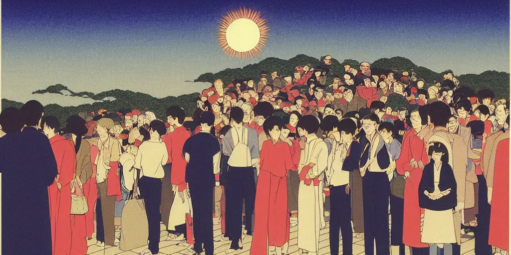 Image similar to a crowd of people looking up at a the sun in the sky, risograph by kawase hasui, edward hopper, satoshi kon and moebius, studio ghibli, no text!, colorful flat surreal design, super - detailed, a lot of tiny details, fullshot