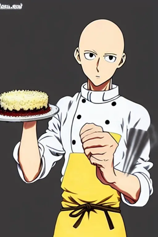 Image similar to chef saitama one punch man, dressed as a pastry chef, focused at making a cake, beautiful anime artwork