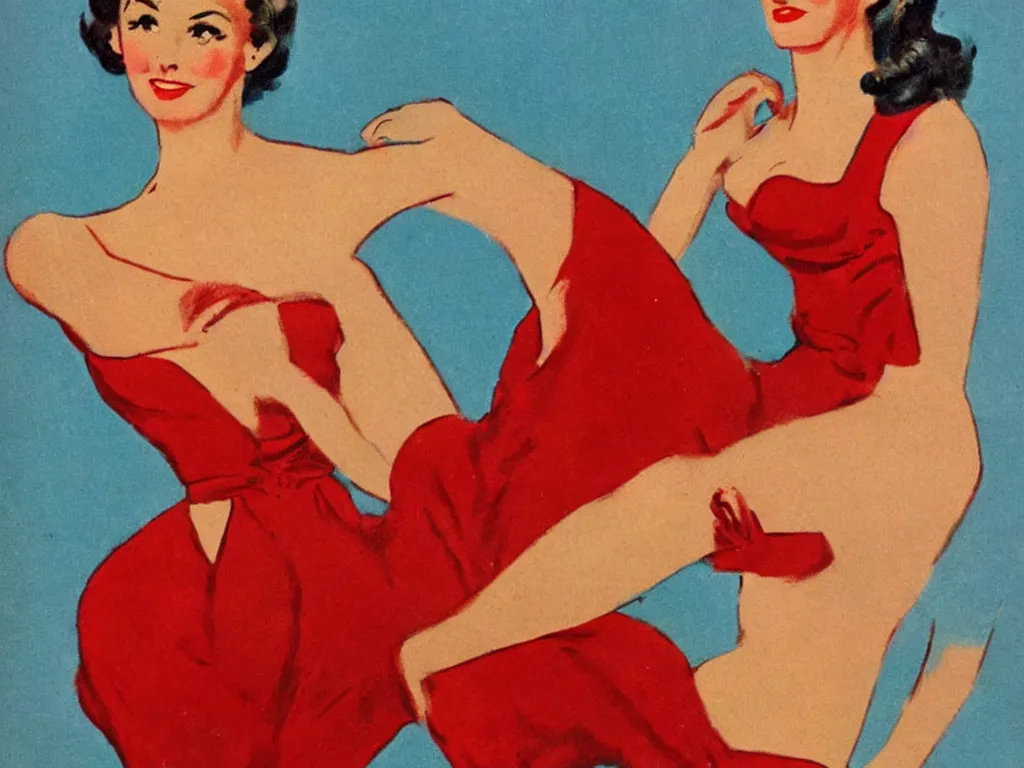 Image similar to 1950s vintage art of a beautiful model with dark curly hair and round blue eyes in a red swimsuit, high quality, highly detailed, vintage art, 1950s, vivid