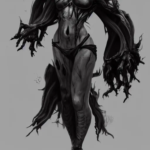 Image similar to female wraith, undead, dynamic pose, skull, terrifying, dark, fog, artstation