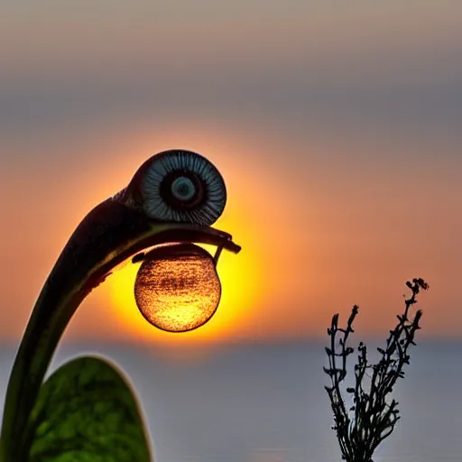 Image similar to a snail watching the sun rise whilst drinking a cup of tea, early morning light, beautiful day