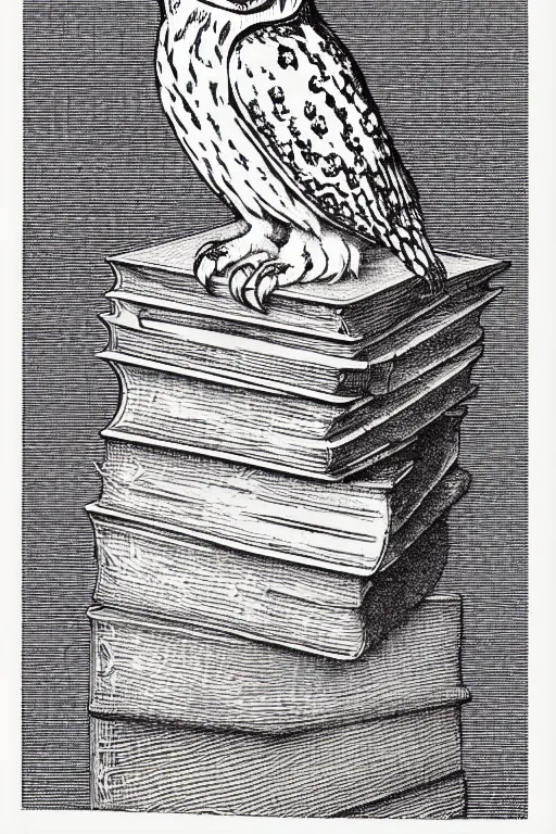 Image similar to owl perched on a stack of books, art by albrecht durer, woodblock print, black and white, vector, vector art