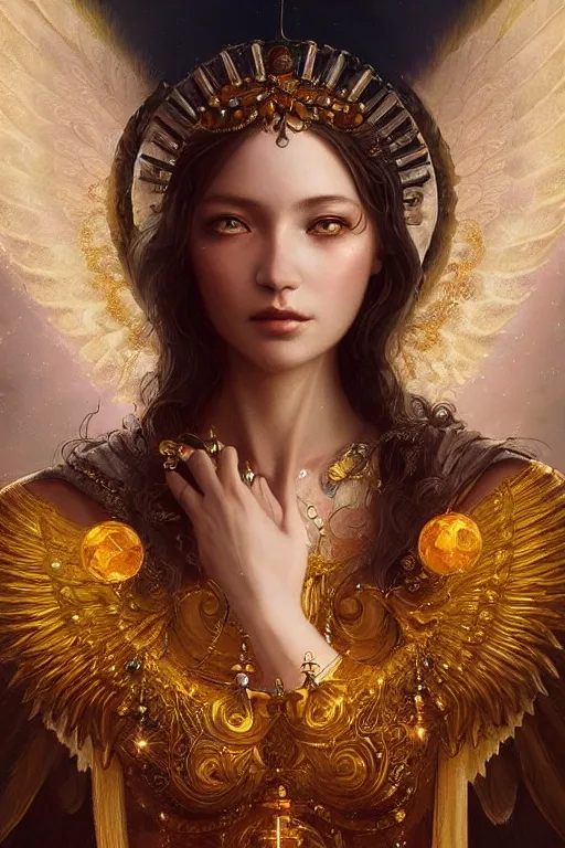 Image similar to A beautiful digital painting of a female Seraphim full of jewels, princess, the moon behind her, intricate, cinematic lighting, highly detailed, digital painting, Artstation, concept art, smooth, sharp focus, illustration, art by Tom Bagshaw, Artgerm and Greg Rutkowski