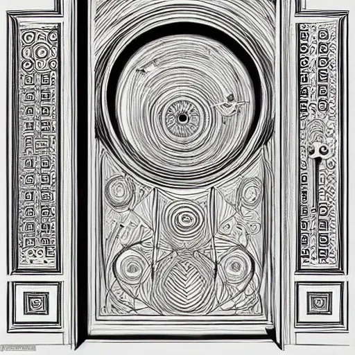 Image similar to golden ratio, circles, squares, perfection, intricate, sublime, heavenly, doorway, detailed, pencil art, spirals, artwork of an astronaut opening door that shows the universe illustrated by davinci