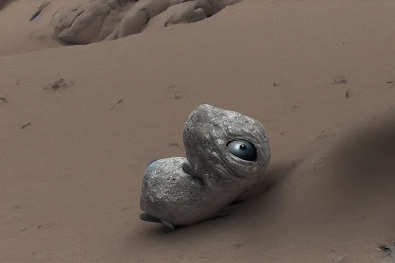 Image similar to vfx movie scene closeup adorable tiny little baby alien creature in moon desert eating a rock. by emmanuel lubezki