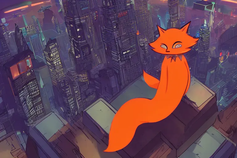 Image similar to an anthropomorphic fox with a fluffy tail staring over a futuristic city from the top of a roof, comic art, trending on furaffinity, cyberpunk, backlighting, cartoon