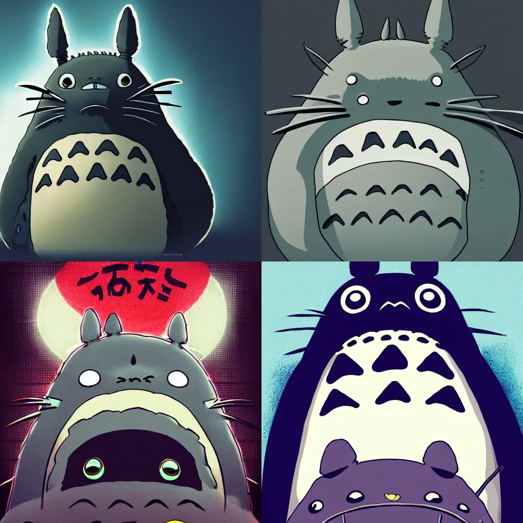 Prompt: portrait of an totoro, staring at the viewer, cyberpunk, futuristic, hd, highly detailed,