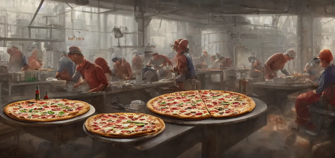 Prompt: a pizza assembly line, old fashioned factory, workers, smoke on the floor, 8k, james gurney, greg rutkowski, john howe, artstation