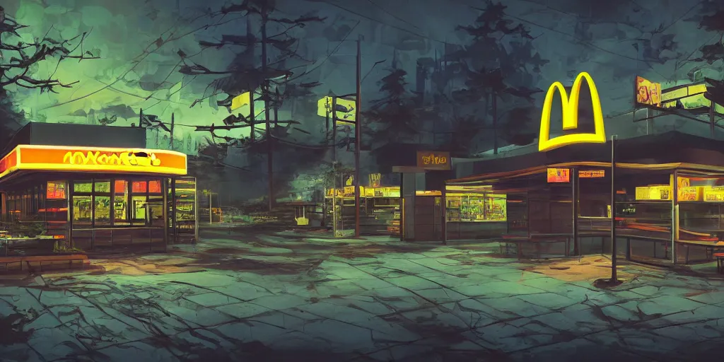 Prompt: pristine mcdonald's in the apocalyptic forest, hyper realism, neon, cyberpunk, nighttime