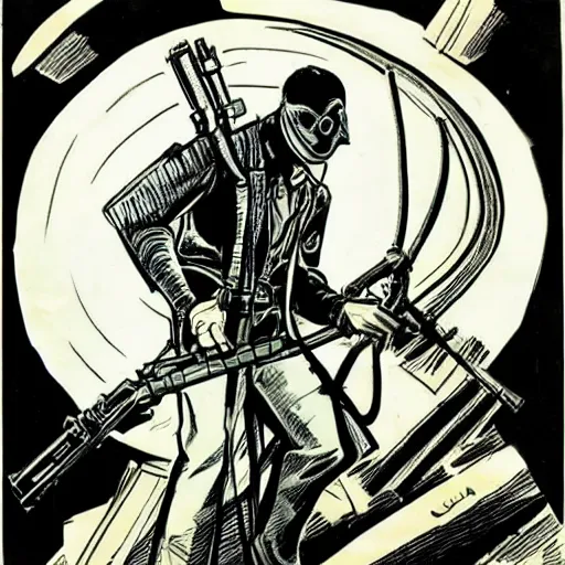 Prompt: concept art of a man with a gas mask and a hunting rifle, by steve ditko, insanely detailed