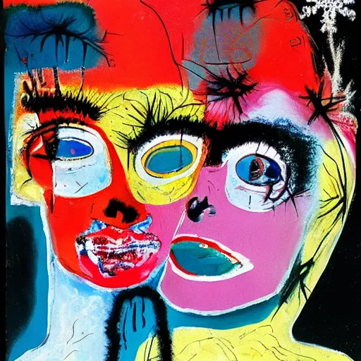 Image similar to acrylic painting of two bizarre psychedelic women kissing in japan in winter, speculative evolution, mixed media collage by basquiat and jackson pollock, maximalist magazine collage art, sapphic art, psychedelic illustration