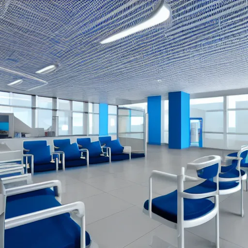 Image similar to a large corporate waiting room, liminal, surreal, white and blue color scheme