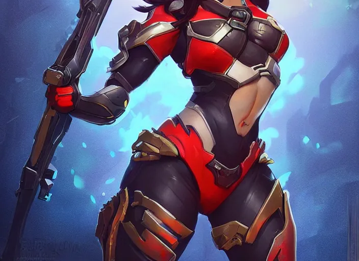 Image similar to poster!! beautiful new female character for overwatch, character concept art, action pose, illustration, full body armor, steel plating, huge weapon, super powers, athletic, long red hair, symmetry, intricate design, shiny, highly detailed, hd, dramatic lighting, art by artgerm and greg rutkowski