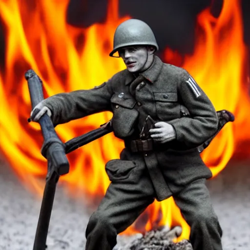 Prompt: 1/35 scale figurine of german ww2 soldier on fire, scale model photography, 8k, hyper realistic