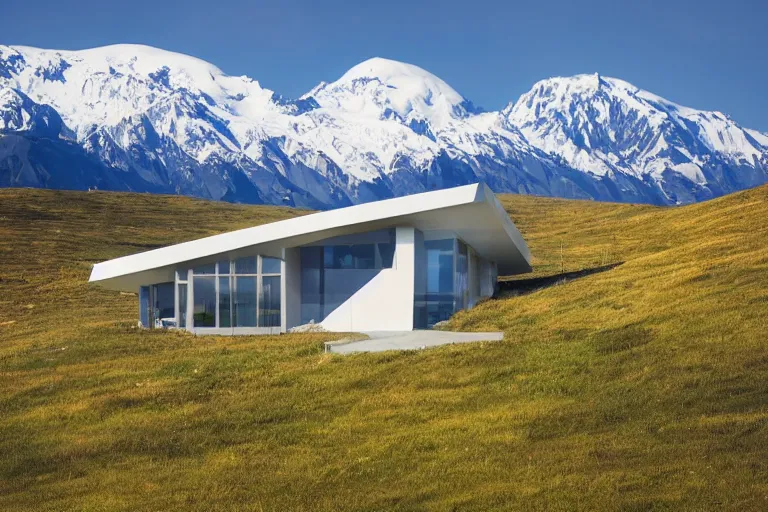 Image similar to architecture photo modern fachwerk house cottage settlement with Elbrus mountain on the background, architecture, high-tech technology, futuristic ecocity, photorealism 8k , high details