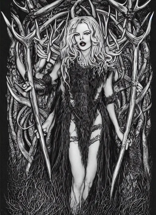 Prompt: portrait of traci lords as a druid with antlers, D&D, fantasy pen and ink by virgil finlay, trending on artstation, HD, intricate, masterpiece, concept art, character design