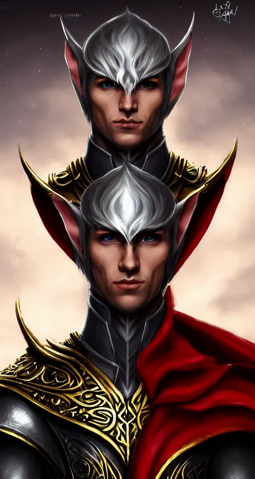 Image similar to A medium shot portrait of a male elf, he is about 20 years old, attractive, lean but muscular, serious composure, short silver hair, prideful look, he is wearing black heavy armor with gold plating and a red cape, highly detailed portrait, digital painting, ArtStation, concept art, smooth, sharp focus illustration, ArtStation HQ