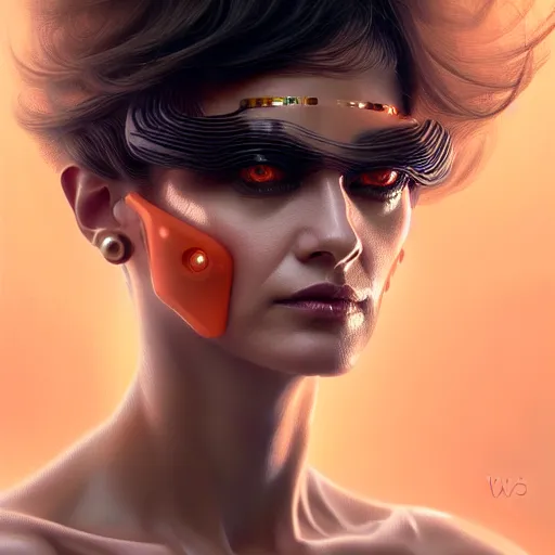 Image similar to woman with extremely large and intricate haircut with angry orange eyes and slim features looking askance, eye cyberpunk bionics, retro futurist style, intricate, elegant gleaming intricate baroque jewelry, angelic halo, highly detailed, digital painting, artstation, concept art, smooth, sharp focus, illustration, art by wlop, mars ravelo and greg rutkowski,