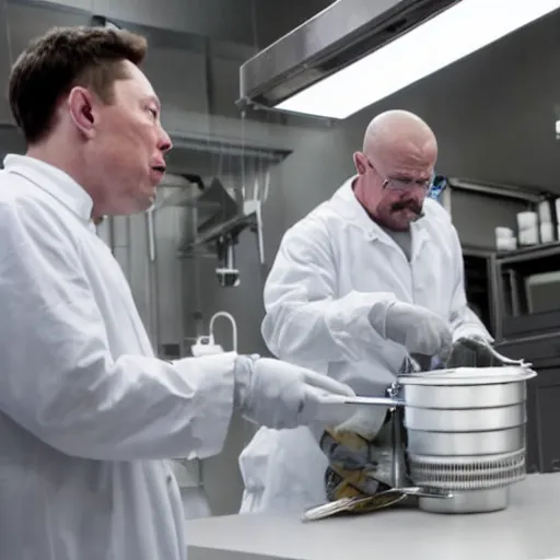 Image similar to elon musk and walter white cooking meth in a laboratory, amazing detail, detailed faces, sharp, 8k