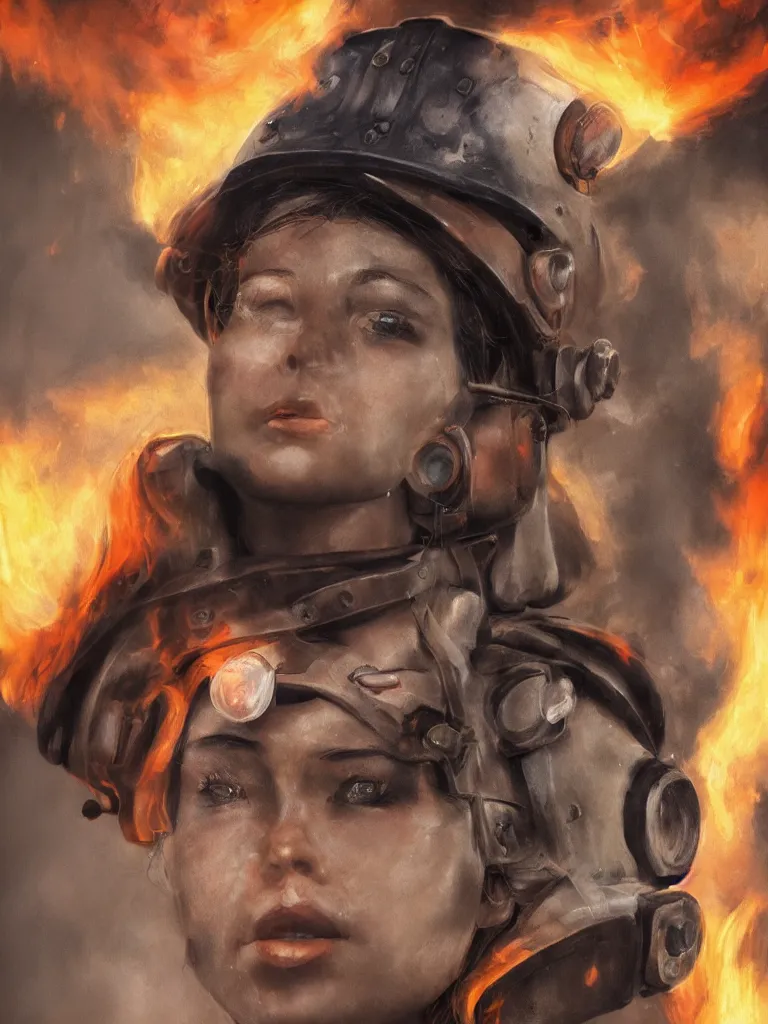 Prompt: intense close up portrait of beautiful woman fire fighter by disney concept artists, blunt borders, rule of thirds