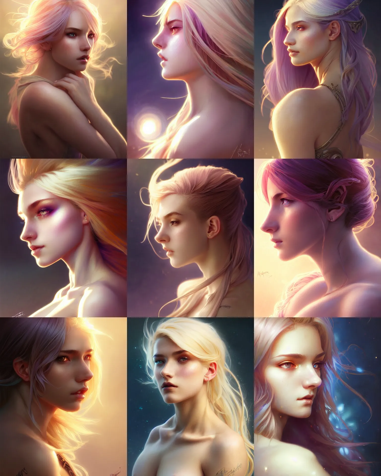 Prompt: side portrait of a sexy attractive supermodel young female, magic fantasy, light colored hair, cool hair style, intricate, sharp focus, lens flare, bloom, rim light, illustration, highly detailed, digital painting, concept art, matte, art by wlop and ross tran and artgerm and greg rutkowski and alphonse mucha, masterpiece