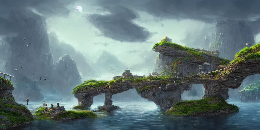 Prompt: peaceful village built on floating rocks in the sky, rope bridges, birds in background, high fantasy, detailed, digital painting, realistic, landscape by jonathan berube