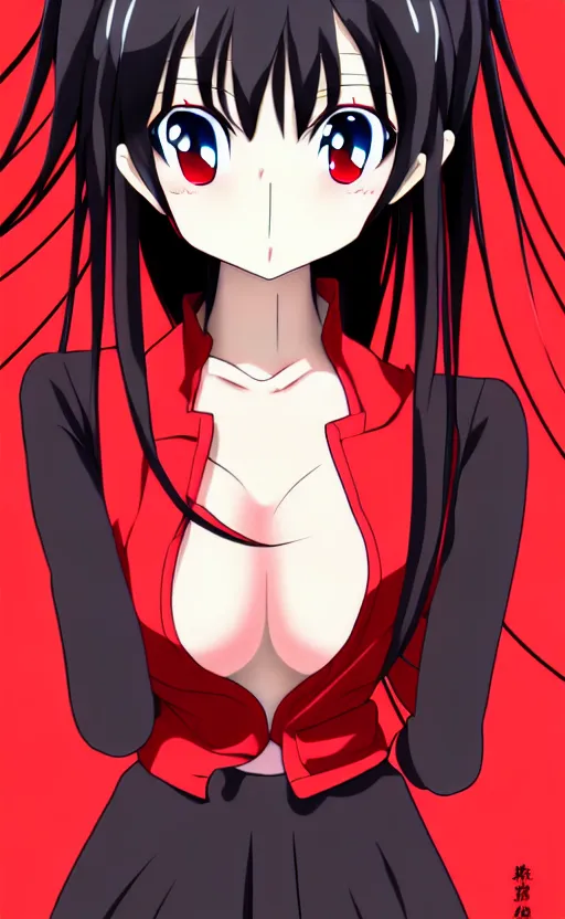 Image similar to anime girl with a detailed face and black hair in a red outfit, full body, trending, wide shot, illustration, by hiroyuki imaishi