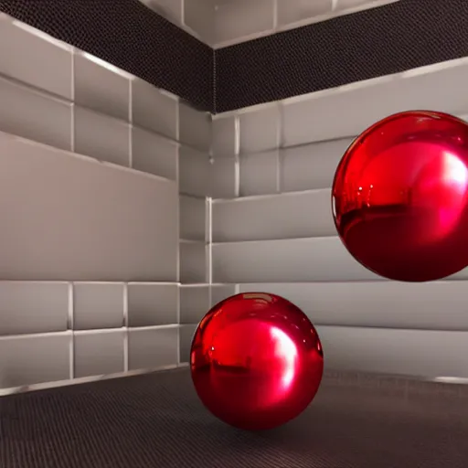 Prompt: chrome spheres on a red cube by emanuel de witte