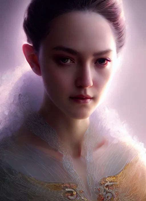 Prompt: portrait of royal princess, looking into camera, intricate silk clothing, beautiful face, fantasy, digital illustration, hyperealisism, award winning, octane renderer, warm cinematic lighting, particles, style of wlop, greg rutkowski, ruan jia, artgerm, yasar vurdem