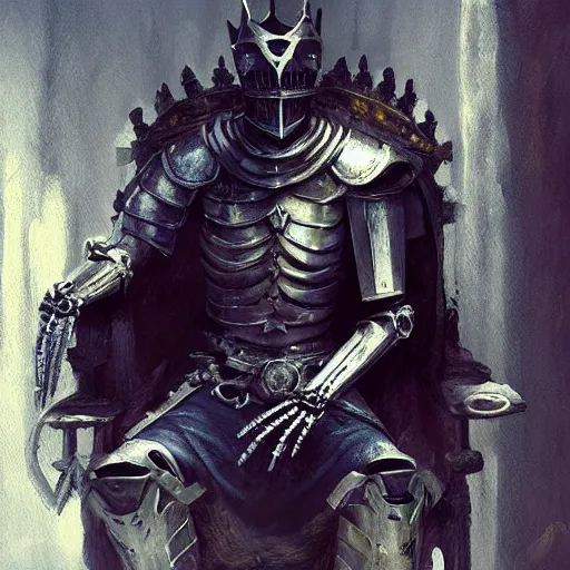 Prompt: Skeleton King, plate armour, resting on his throne, crown, oil painting, by Fernanda Suarez and Greg Rutkowski