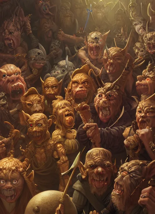 Image similar to highly detailed closeup group portrait of medieval goblins having a party, stephen bliss, unreal engine, greg rutkowski, ilya kuvshinov, ross draws, hyung tae and frank frazetta, tom bagshaw, tom whalen, nicoletta ceccoli, mark ryden, earl norem, global illumination, god rays, detailed and intricate environment